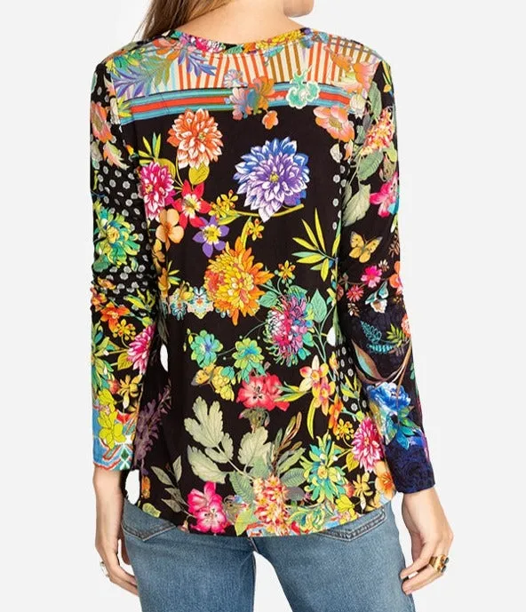 Johnny Was Black Dreamer Favorite Long V Swing Tee Special Shirt Floral Top NEW