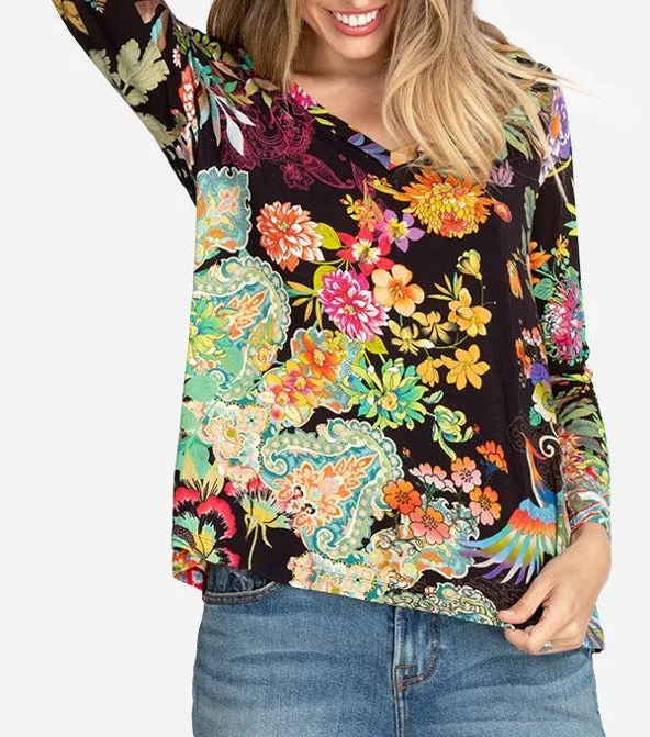 Johnny Was Black Dreamer Favorite Long V Swing Tee Special Shirt Floral Top NEW