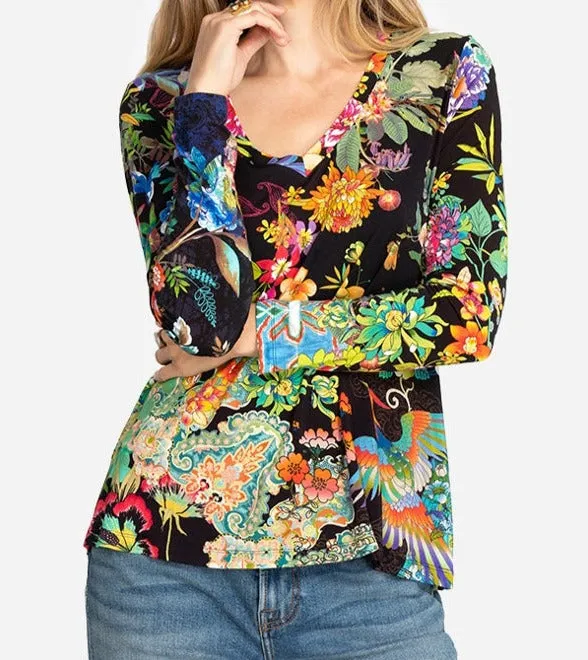 Johnny Was Black Dreamer Favorite Long V Swing Tee Special Shirt Floral Top NEW