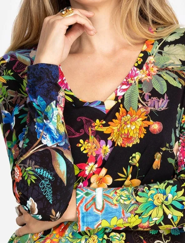 Johnny Was Black Dreamer Favorite Long V Swing Tee Special Shirt Floral Top NEW