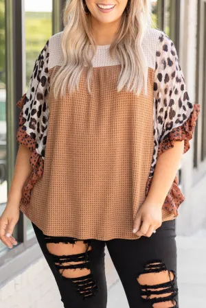 Khaki Waffle Knit Animal Print Ruffle Sleeves Plus Size Top