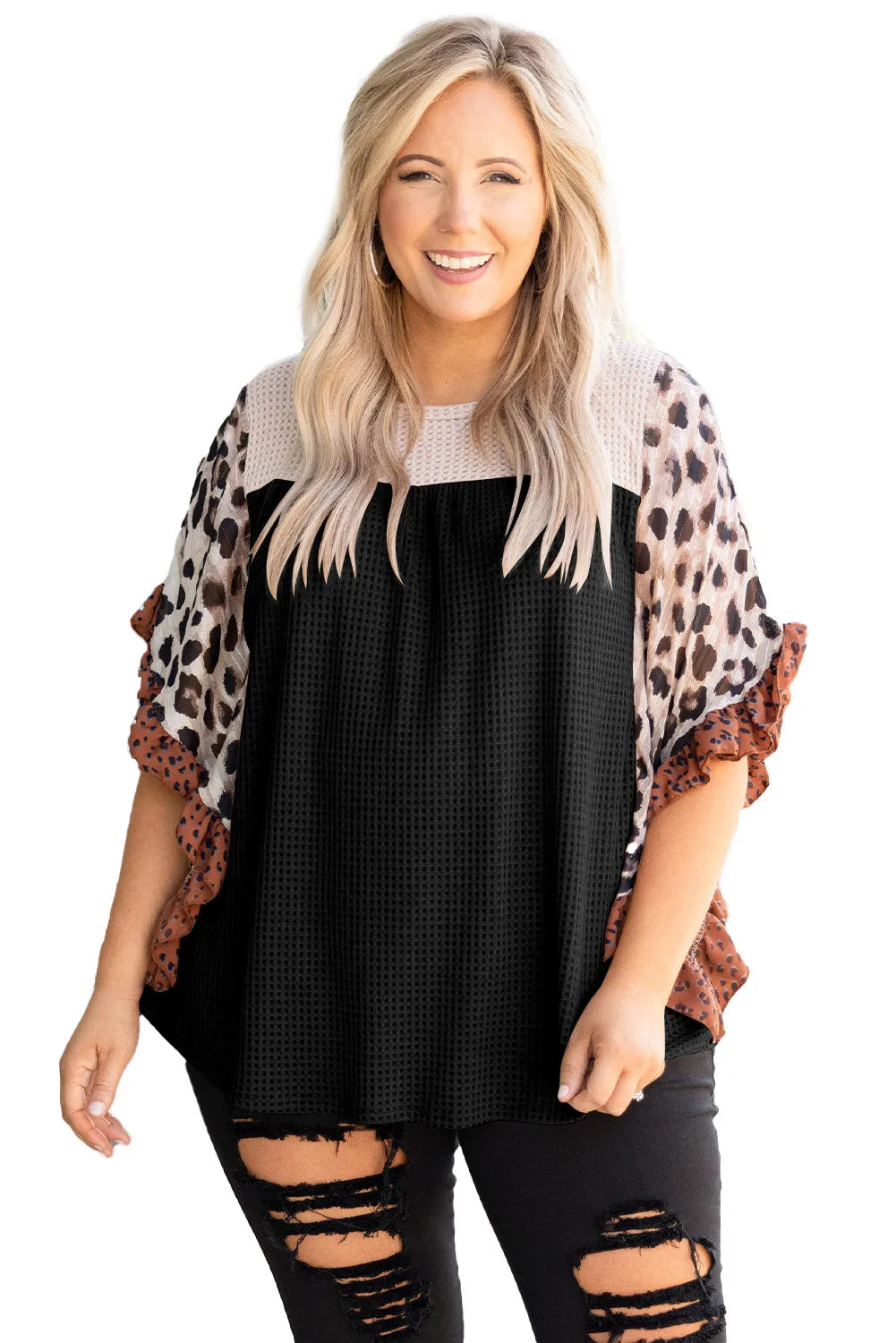 Khaki Waffle Knit Animal Print Ruffle Sleeves Plus Size Top