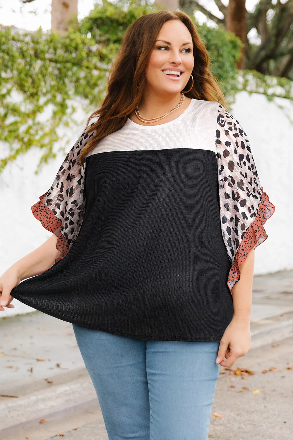 Khaki Waffle Knit Animal Print Ruffle Sleeves Plus Size Top