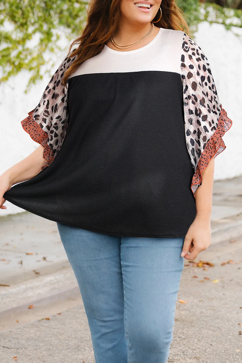Khaki Waffle Knit Animal Print Ruffle Sleeves Plus Size Top