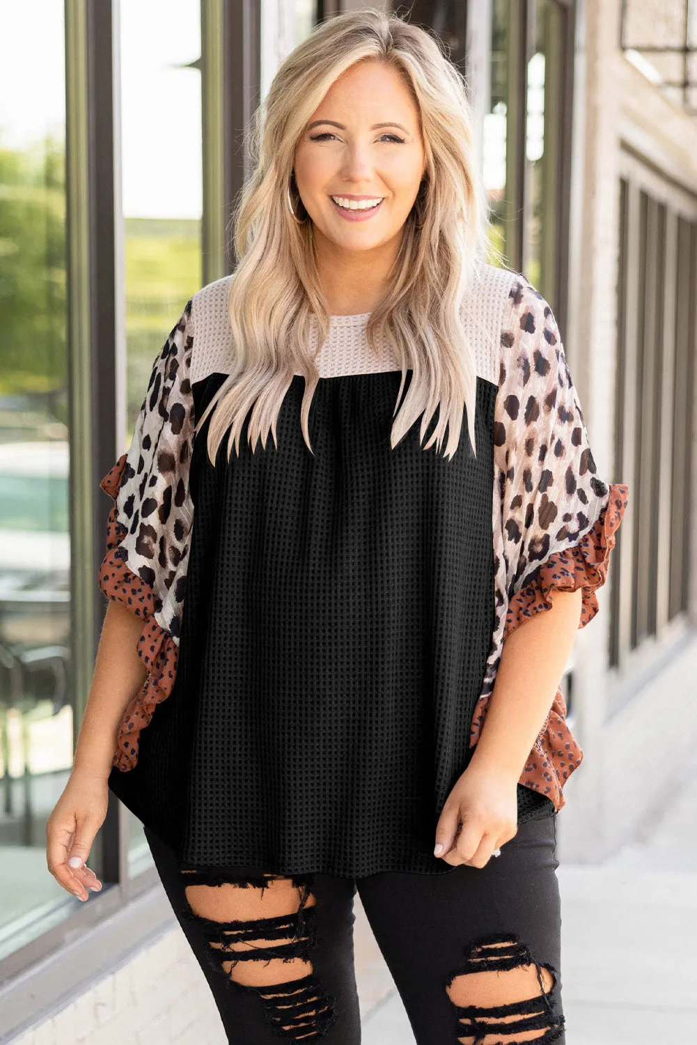 Khaki Waffle Knit Animal Print Ruffle Sleeves Plus Size Top