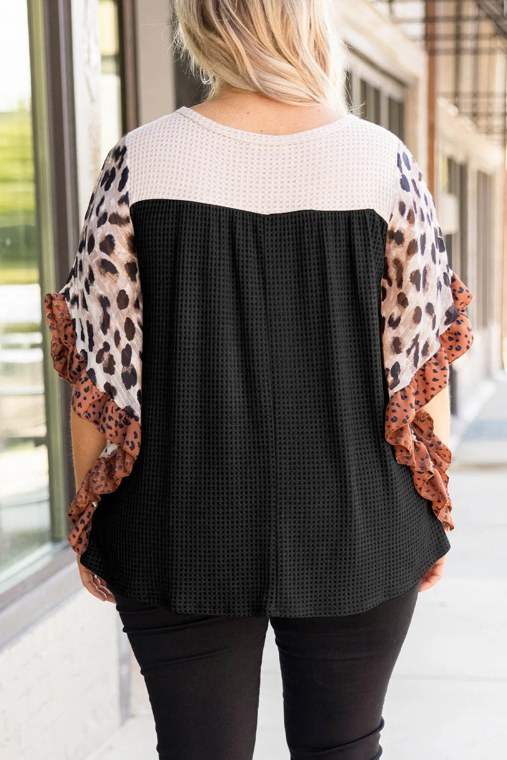 Khaki Waffle Knit Animal Print Ruffle Sleeves Plus Size Top