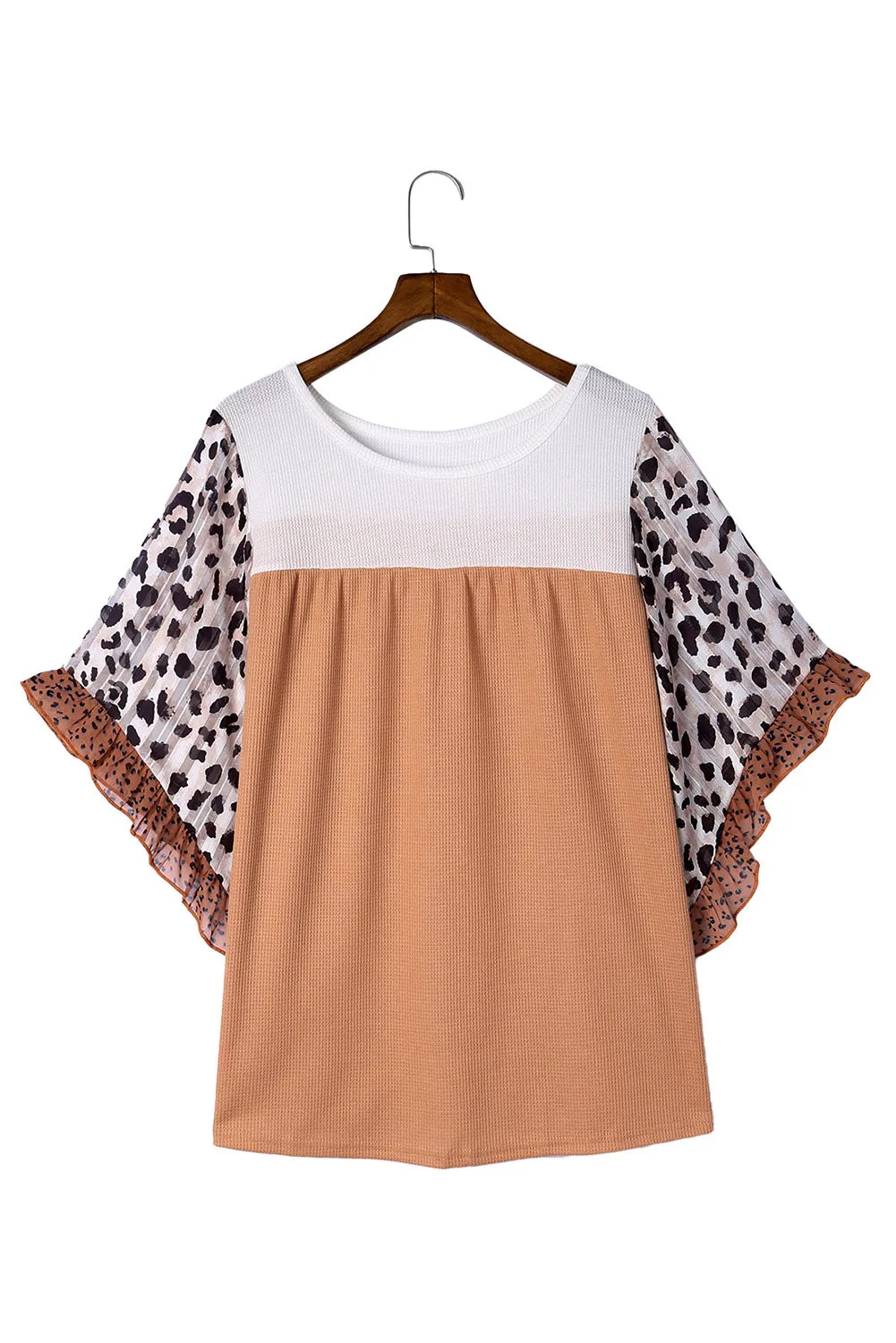 Khaki Waffle Knit Animal Print Ruffle Sleeves Plus Size Top
