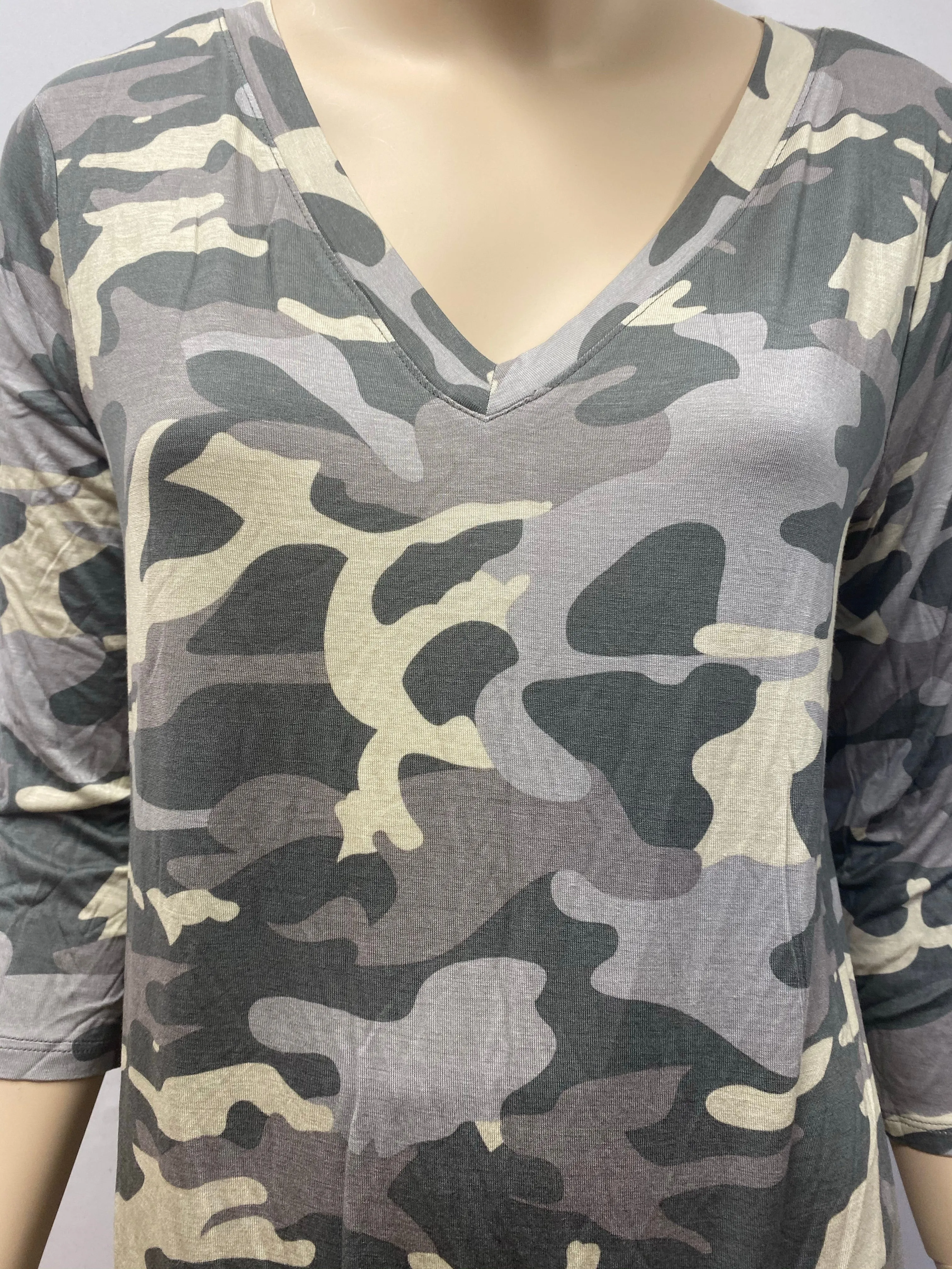 Light Green V-Neck Camo Top