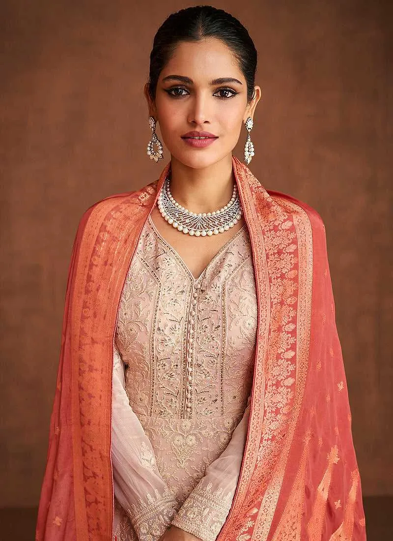 Light Purple and Peach Lucknowi Embroidered Sharara Suit