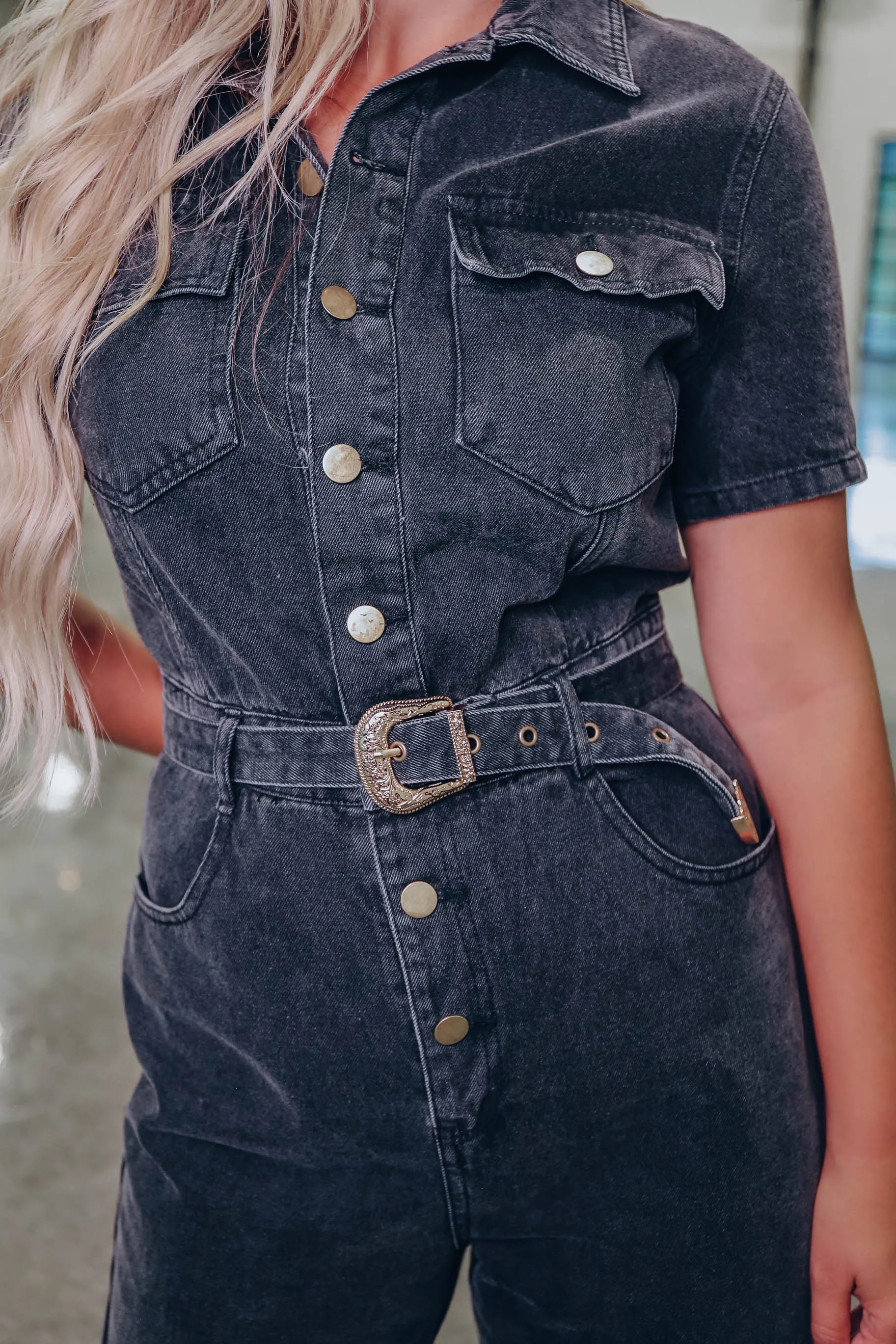 Livvie Belted Denim Jumpsuit - Black