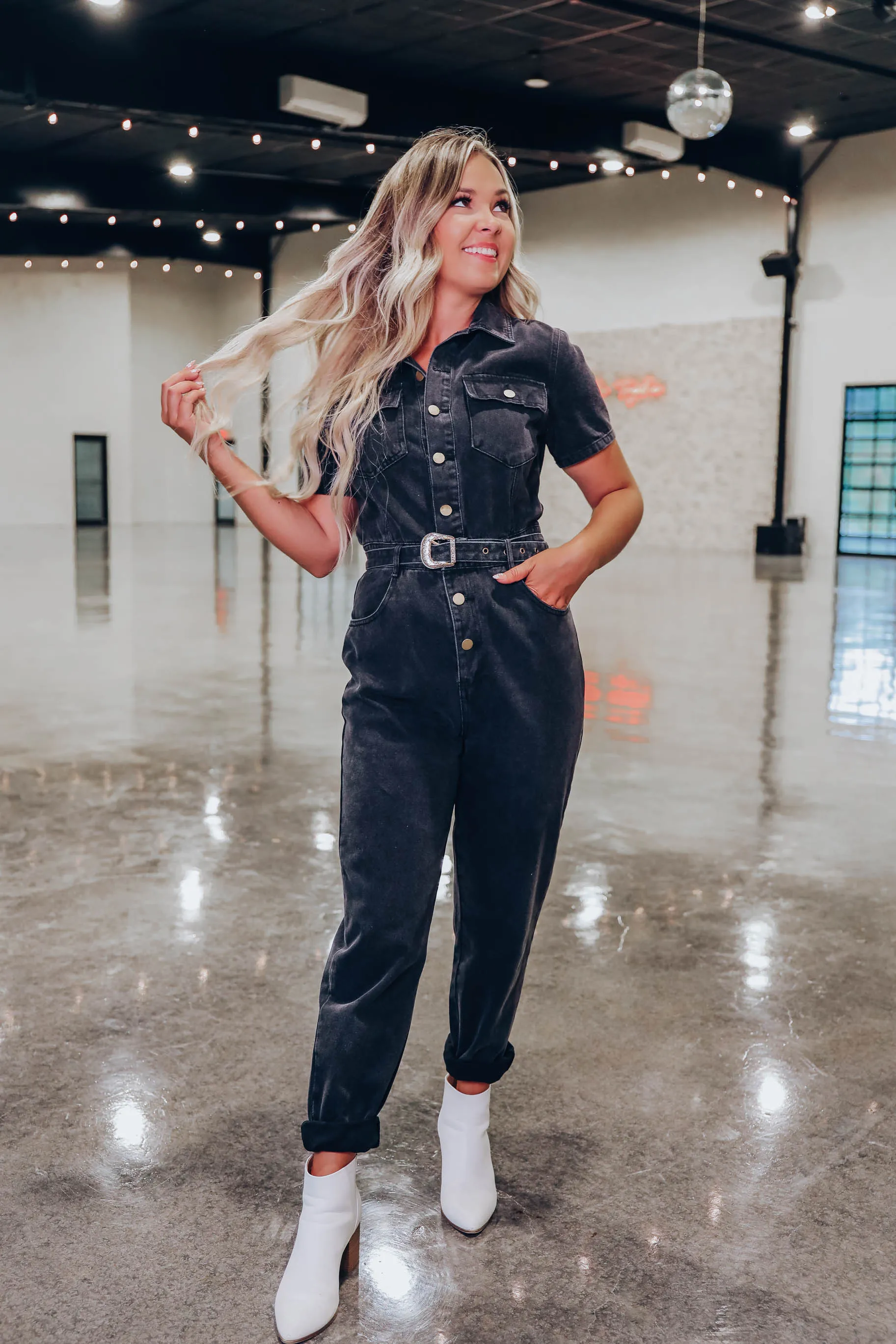 Livvie Belted Denim Jumpsuit - Black
