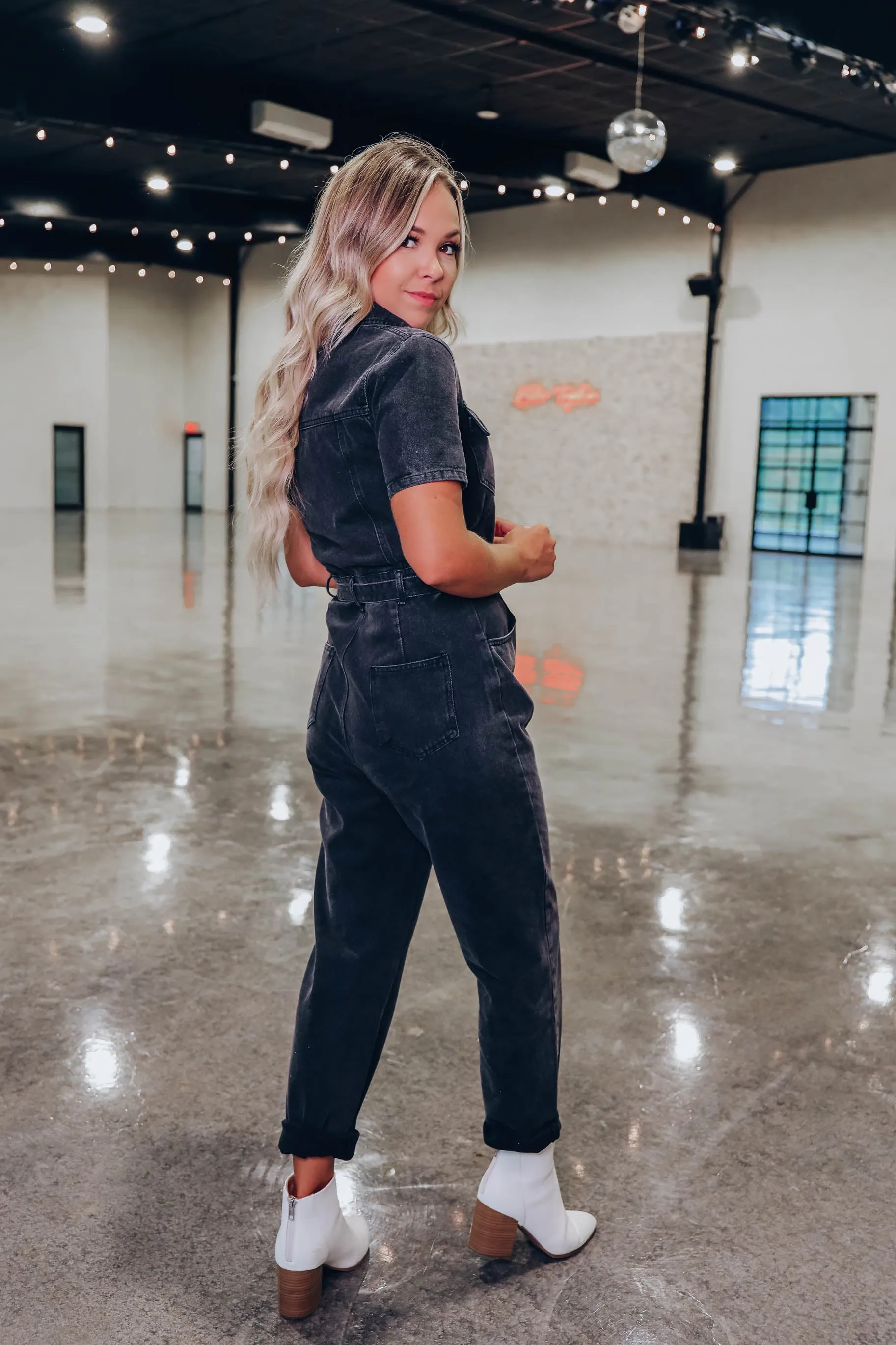 Livvie Belted Denim Jumpsuit - Black