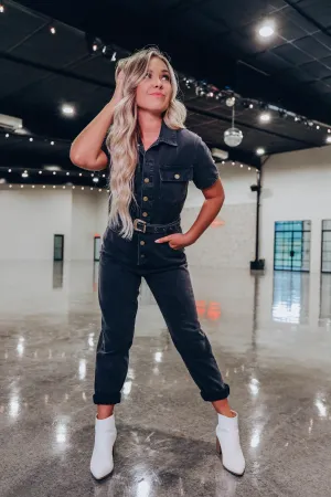 Livvie Belted Denim Jumpsuit - Black