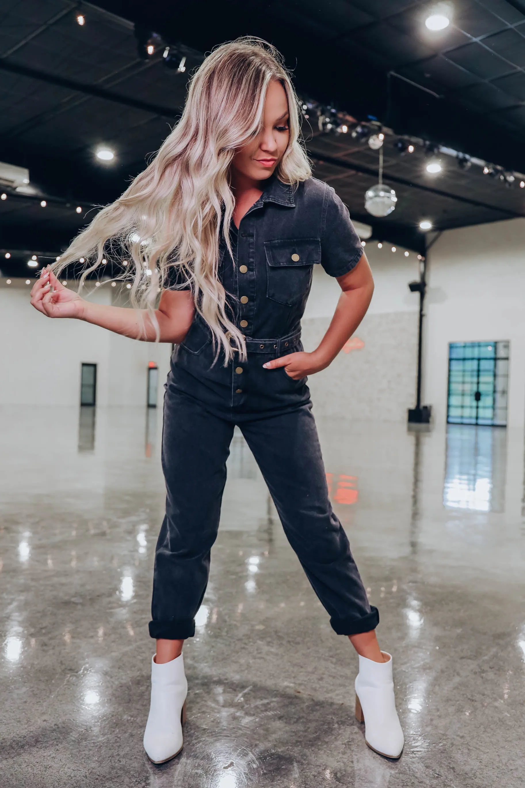 Livvie Belted Denim Jumpsuit - Black
