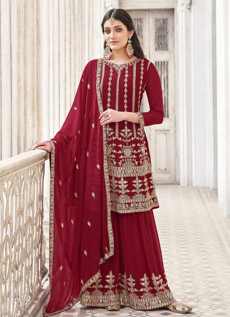 Maroon and Gold Heavy Embroidered Palazzo Style Suit