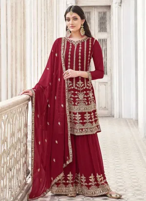 Maroon and Gold Heavy Embroidered Palazzo Style Suit