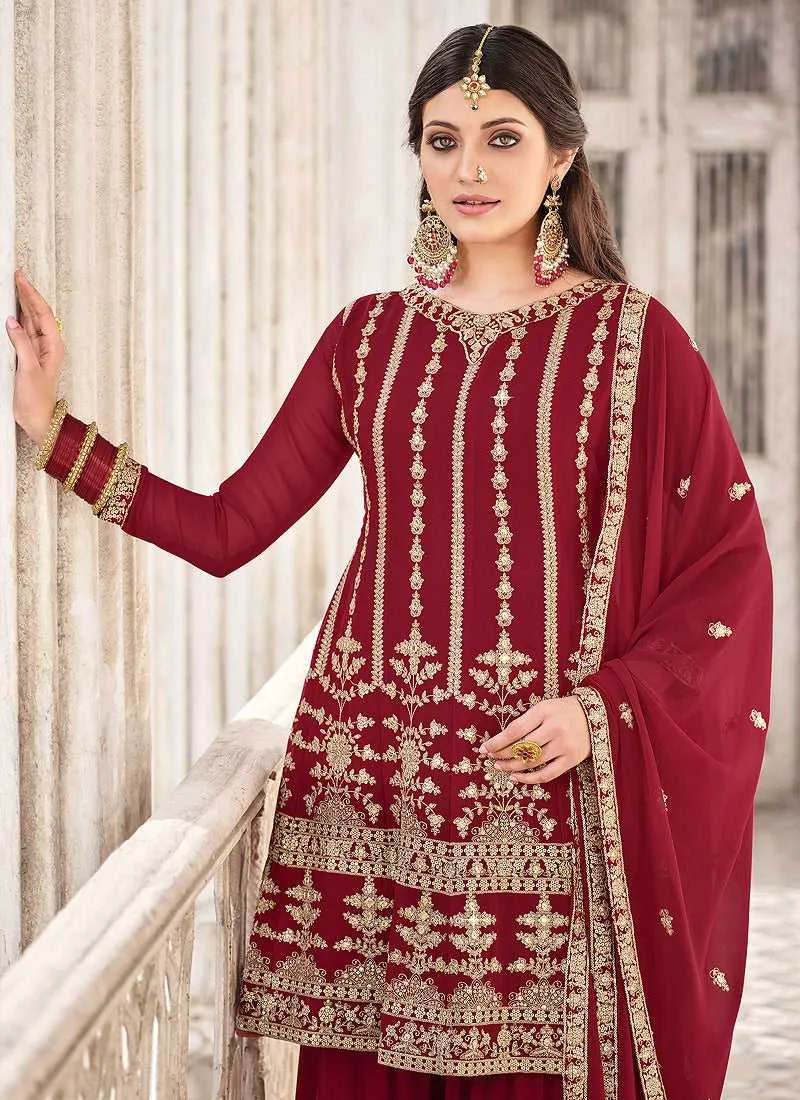 Maroon and Gold Heavy Embroidered Palazzo Style Suit