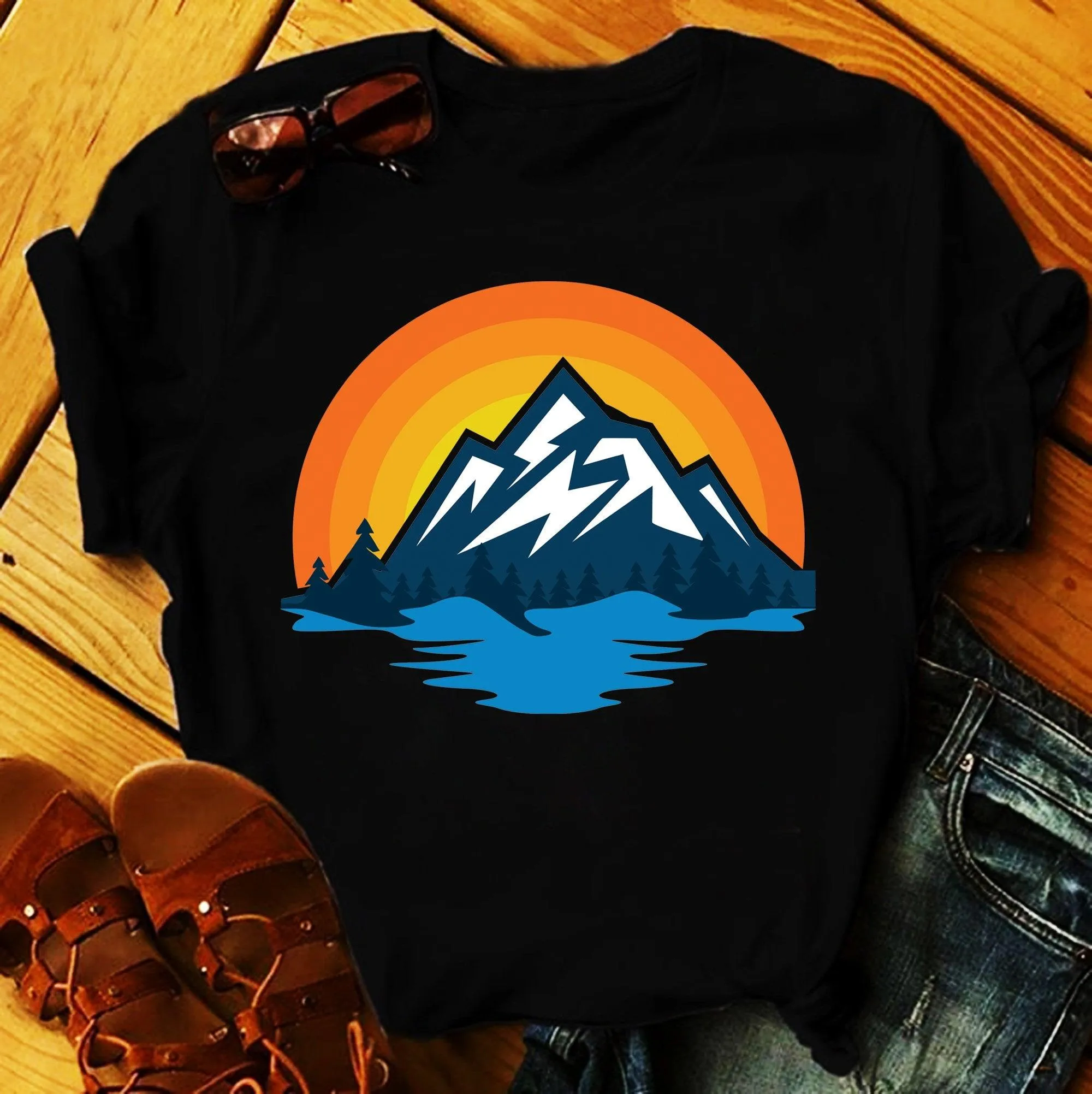 Mountain Trees Lake | Retro Sunset T-Shirts, Cabin Vibes & Good Times - Cabin Shirt, Cabin Life, Cabin Shirts, Cabin Gift, Cabin Tee