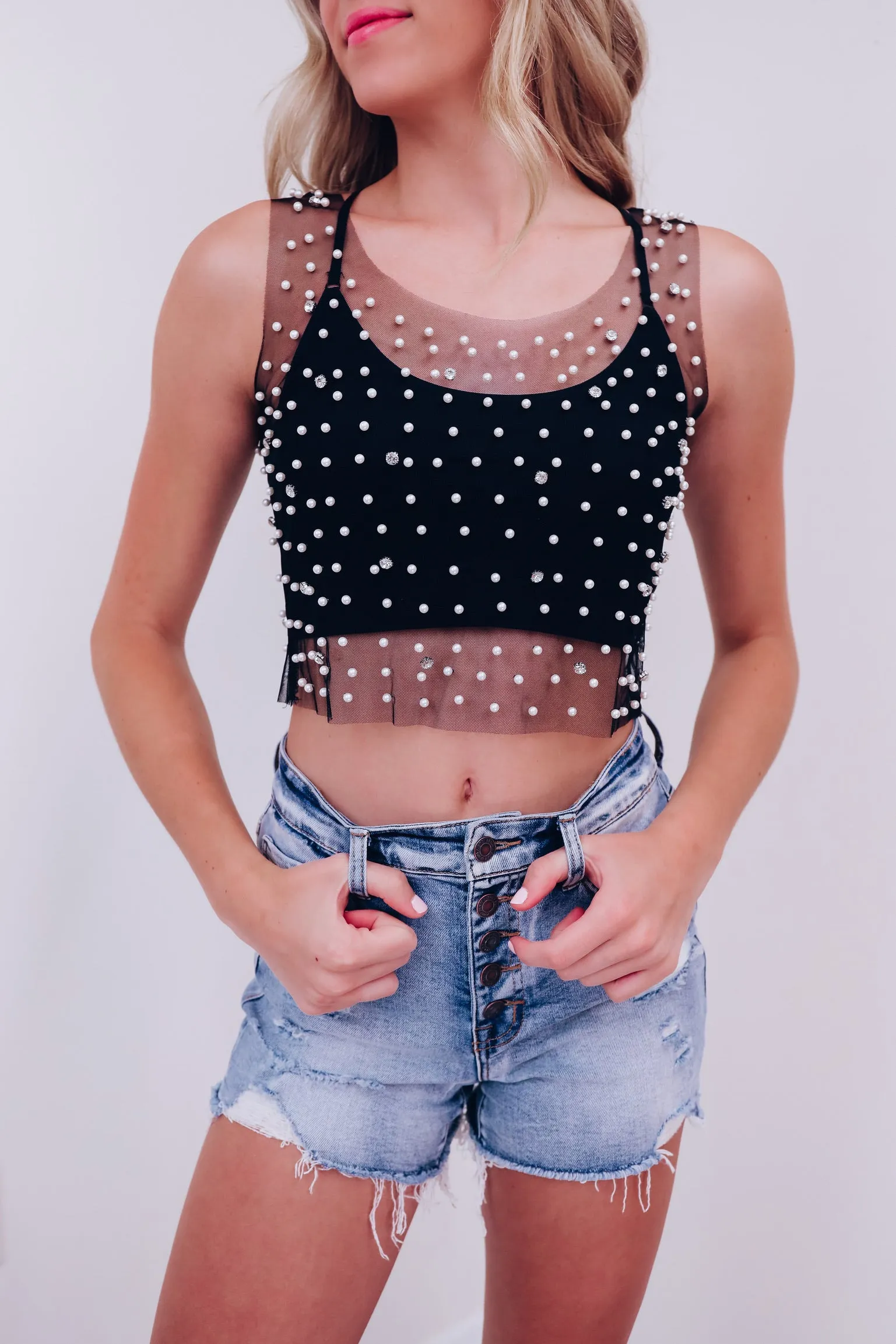 Mykel Pearl & Rhinestone Mesh Tank Top - Black