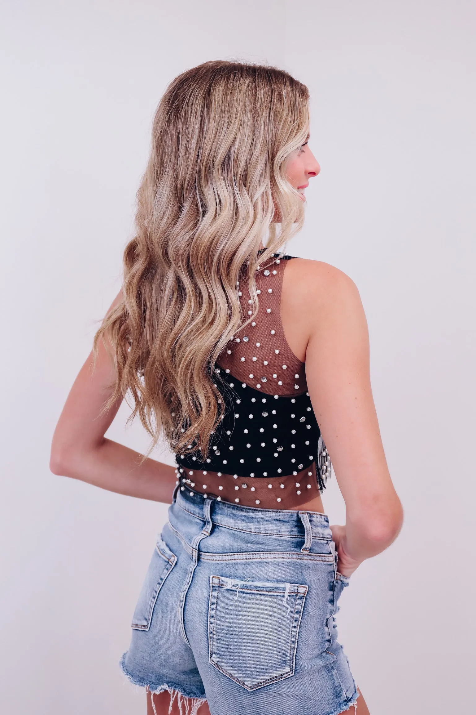 Mykel Pearl & Rhinestone Mesh Tank Top - Black