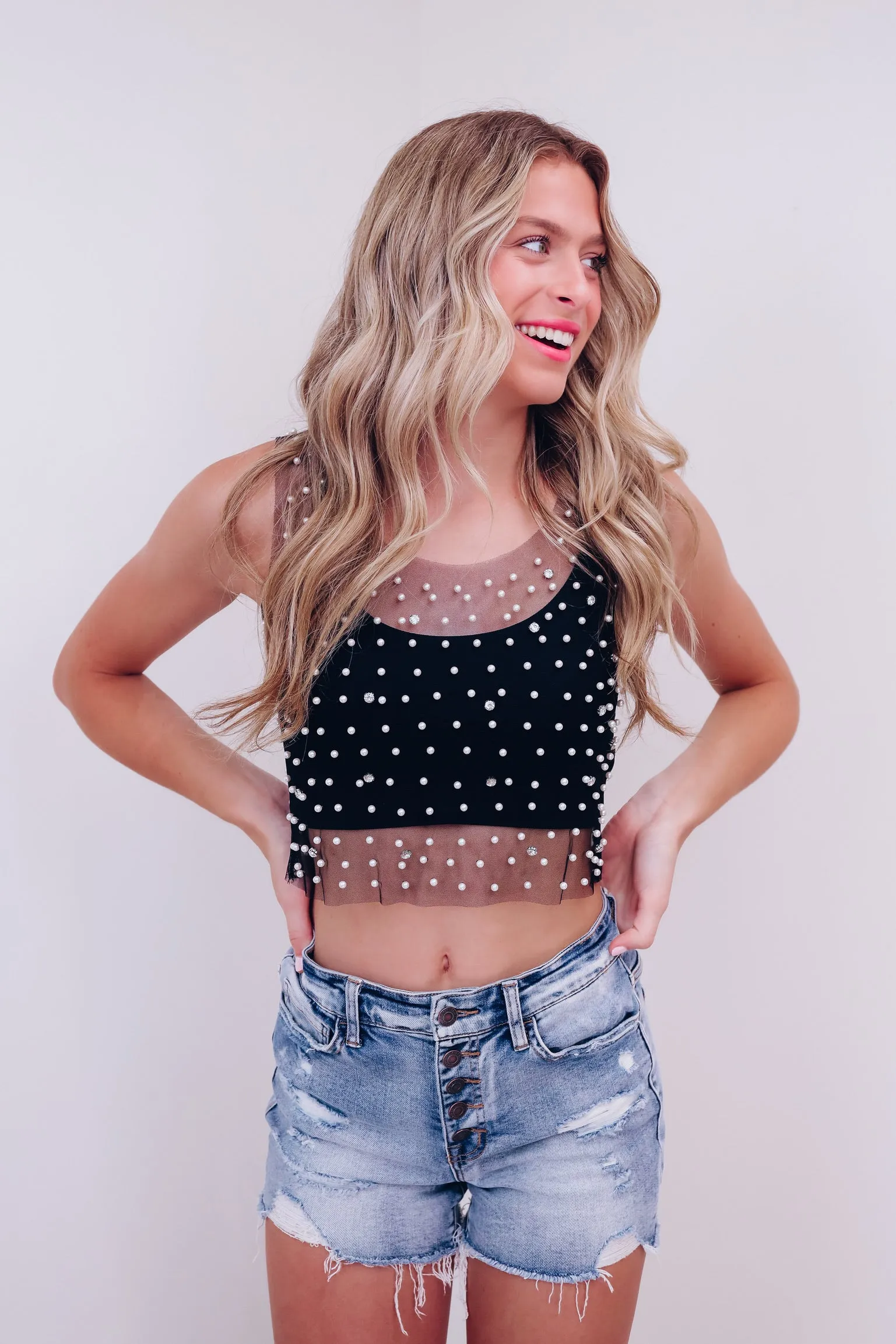 Mykel Pearl & Rhinestone Mesh Tank Top - Black