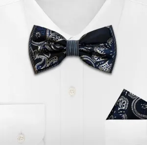 NAVY WOVEN BOW TIE & HANKIE SET