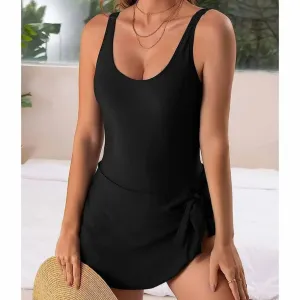 NEW Aqestyerly Women's One Piece Swimsuit with attached skirt and gathering tie to side, Black, Sz XL