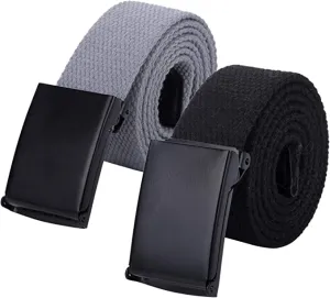 New AWAYTR Canvas Webbing Flip-Top belt - Boys Men Adjustable Golf Belt with Black Military Buckle, 2 PCS (Grey/Black) 31.5"