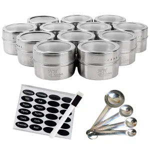 NH-Kitchen Stainless Steel Magnetic Spice Tins: 12-Piece Round Set with Shaker Lids for Herbs & Seasonings   BONUS 4 Measuring Spoons, 24 Labels & Pen