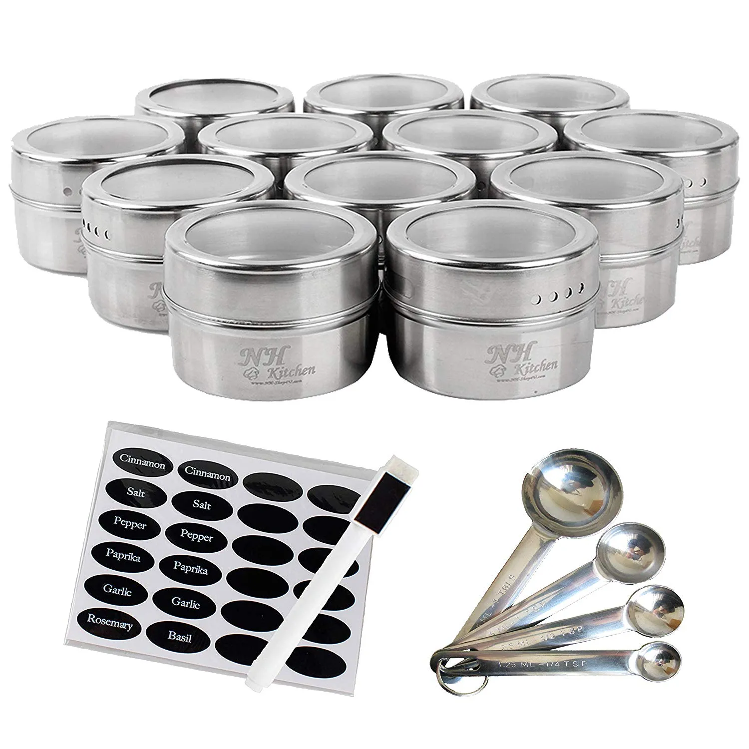 NH-Kitchen Stainless Steel Magnetic Spice Tins: 12-Piece Round Set with Shaker Lids for Herbs & Seasonings   BONUS 4 Measuring Spoons, 24 Labels & Pen