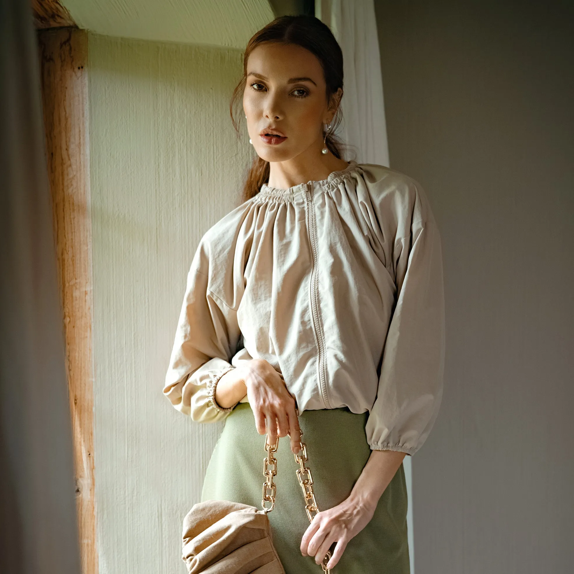 Norma Recycled Ruffle Jacket, in Beige