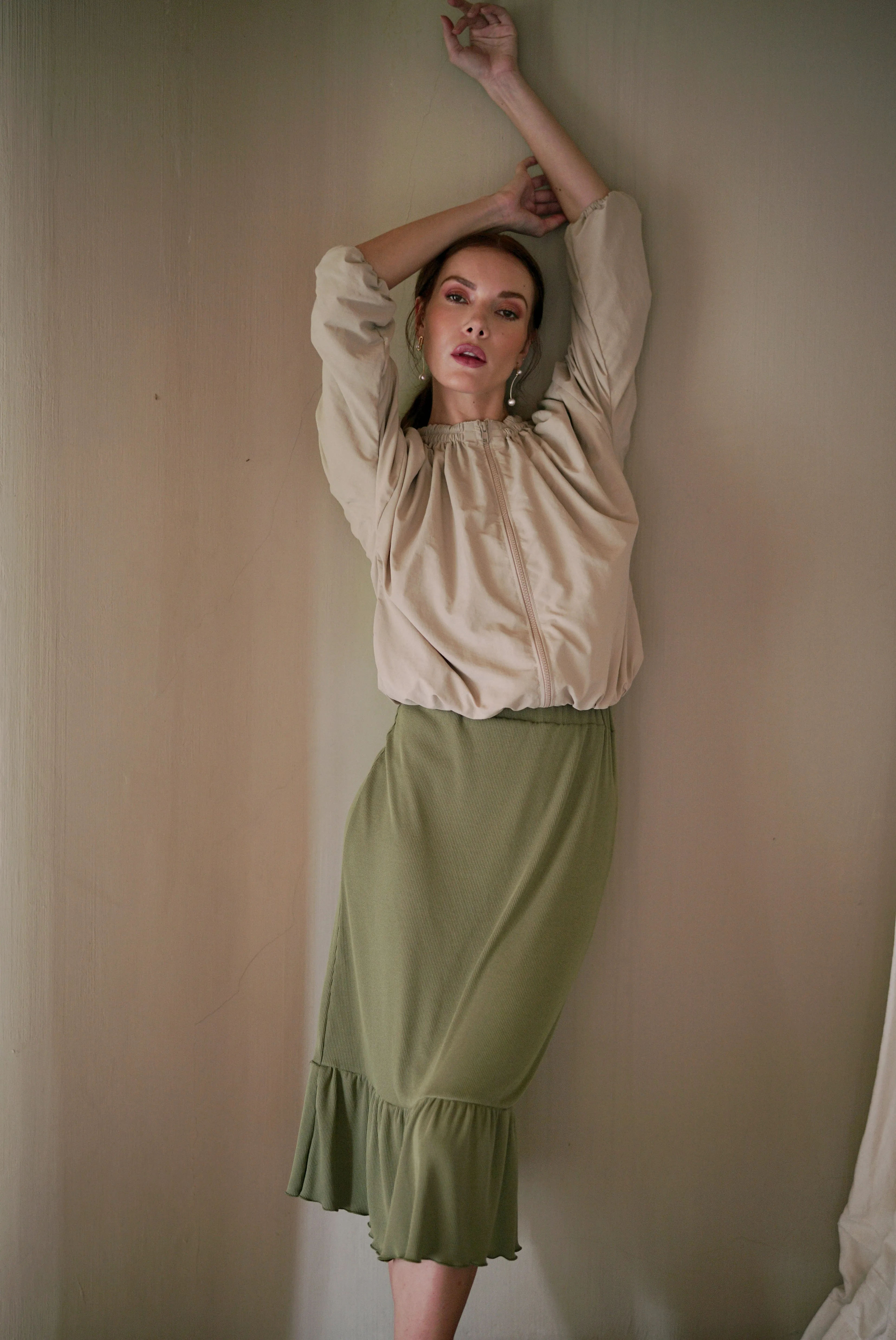 Norma Recycled Ruffle Jacket, in Beige