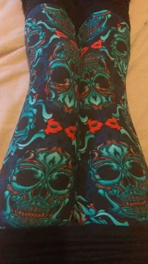 One Size Teal & Coral Damascus Skull Print Leggings on Black Background