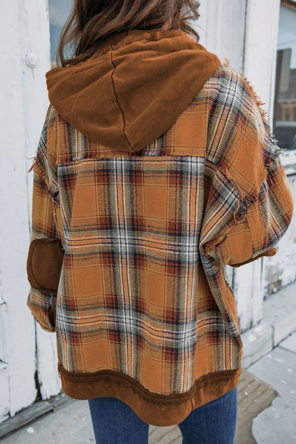 Orange Plaid Patch Hooded Frayed Snap Button Jacket