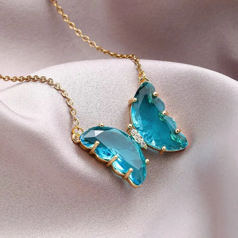 Pack of 2 Purple and Turquoise Blue Crystal Butterfly Pendant