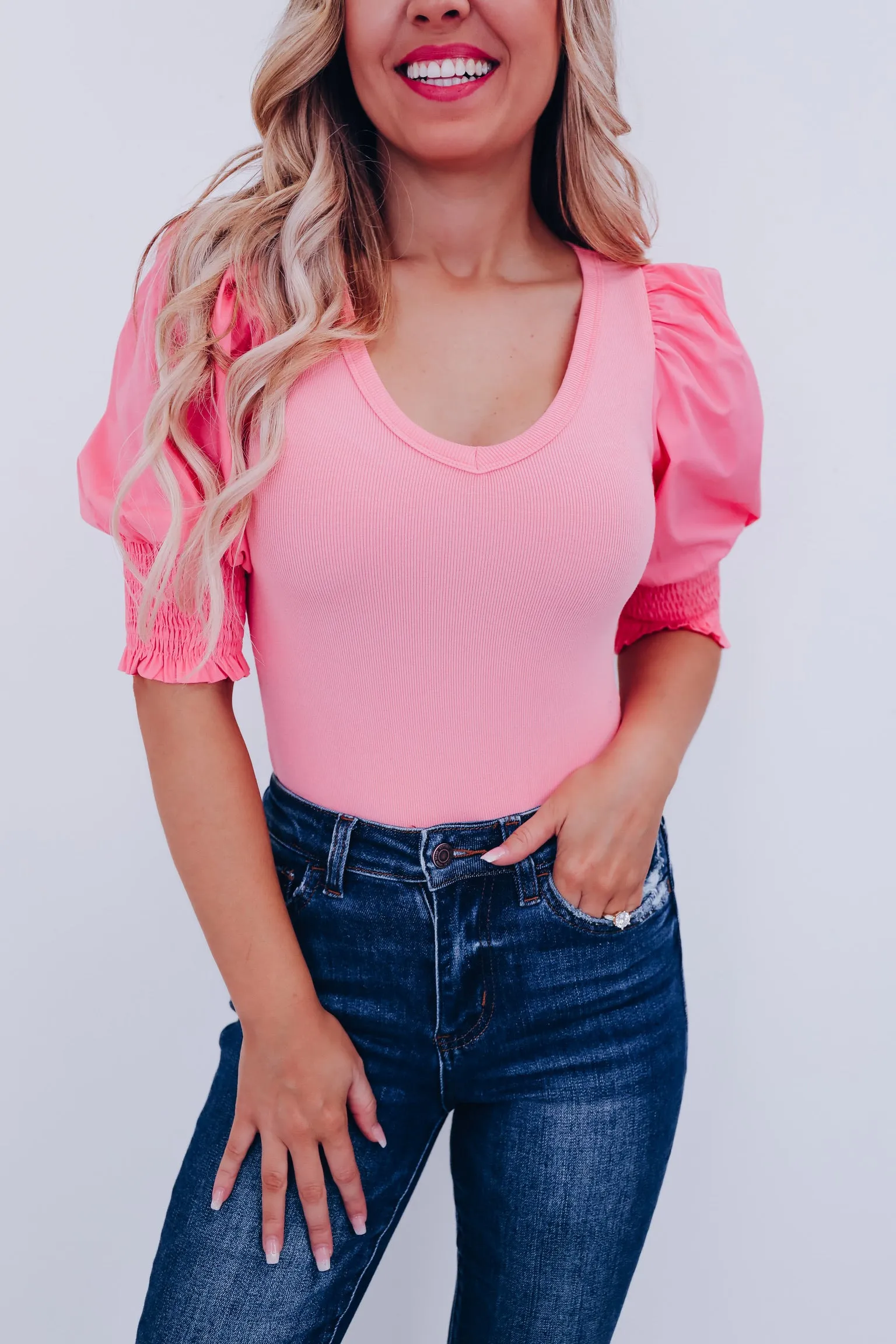 Pizzazz Puff Sleeve Bodysuit  - Coral Pink