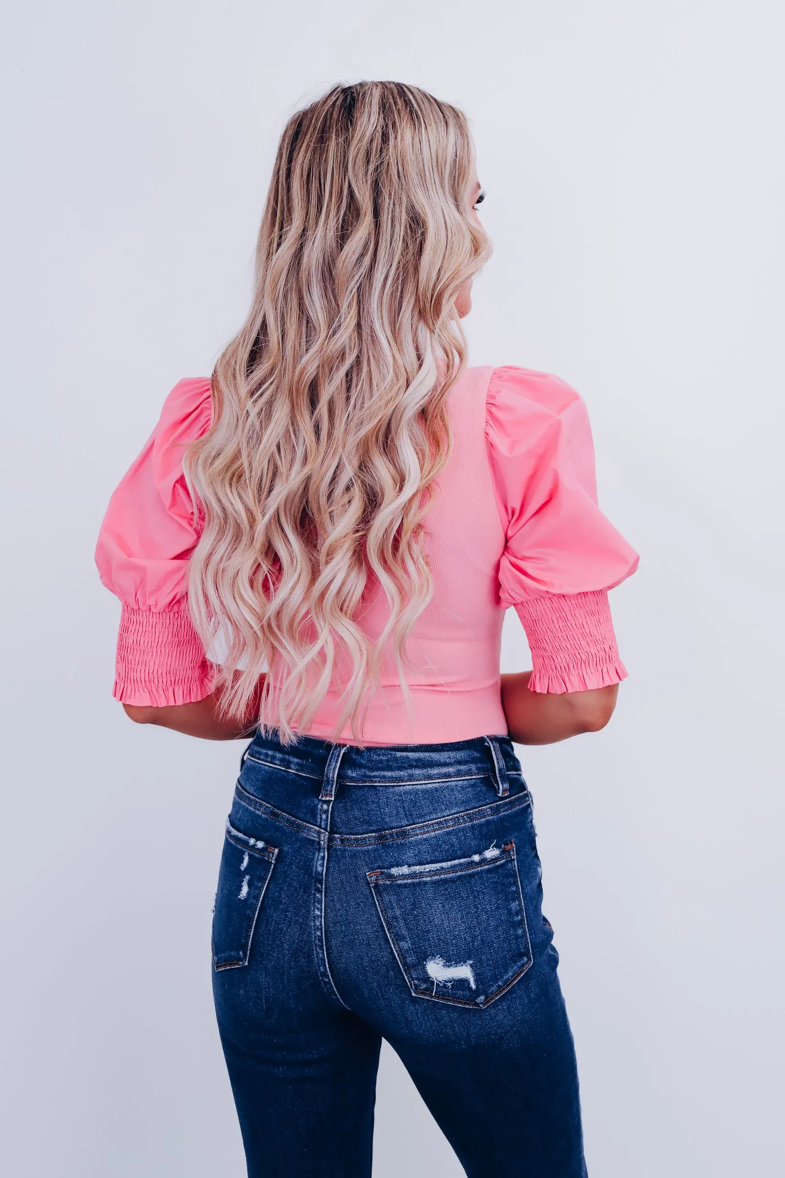 Pizzazz Puff Sleeve Bodysuit  - Coral Pink