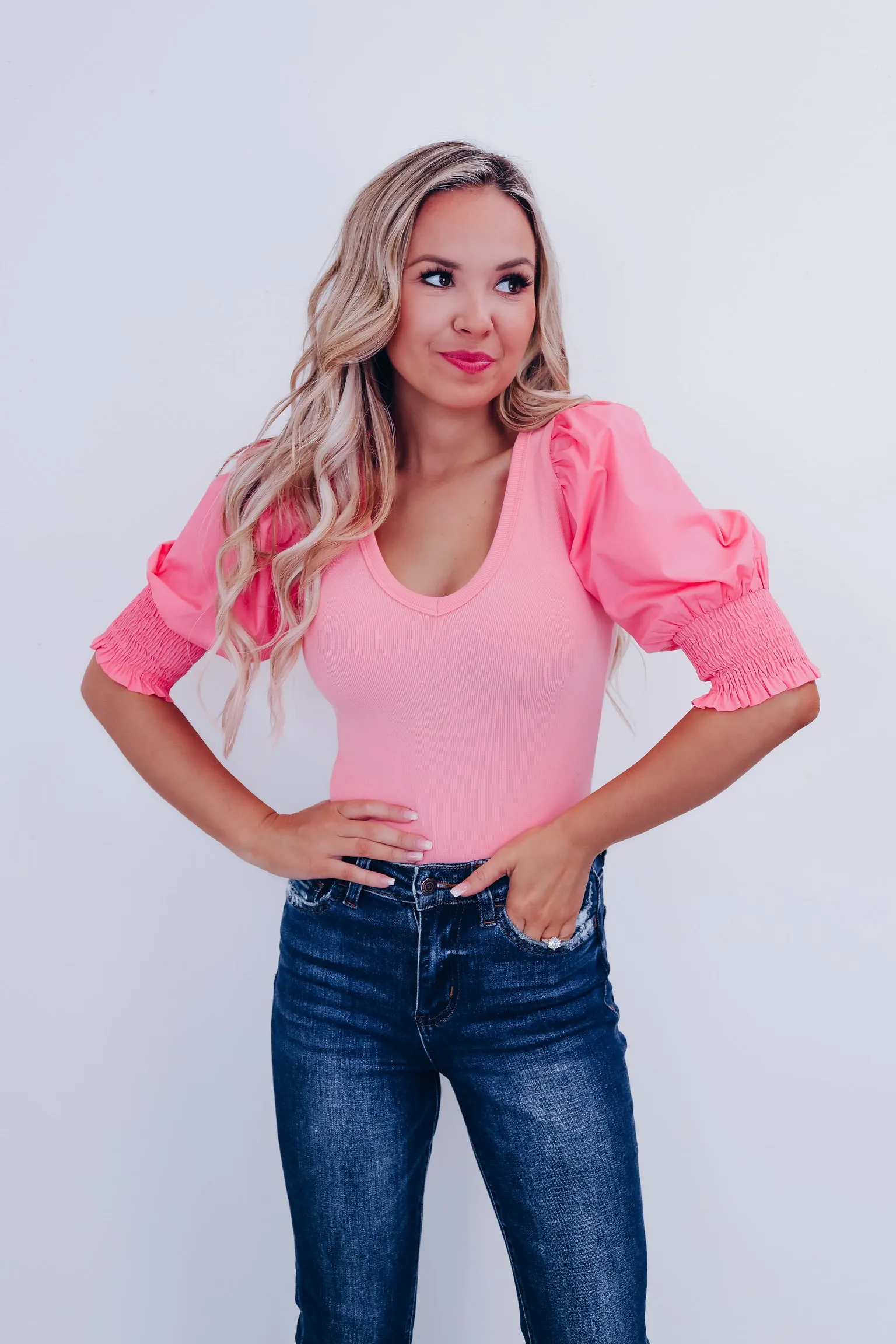 Pizzazz Puff Sleeve Bodysuit  - Coral Pink