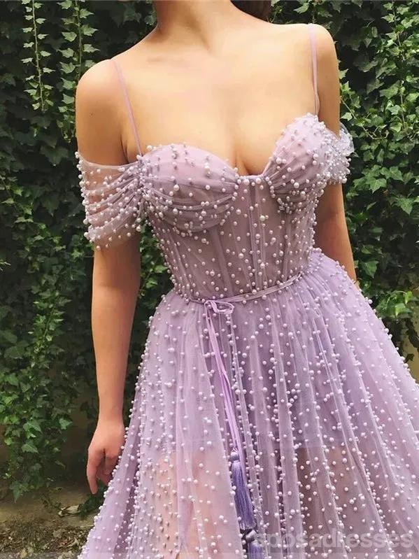 Purple A-line Spaghetti Straps Off Shoulder High Slit Long Prom Dresses Online,12790