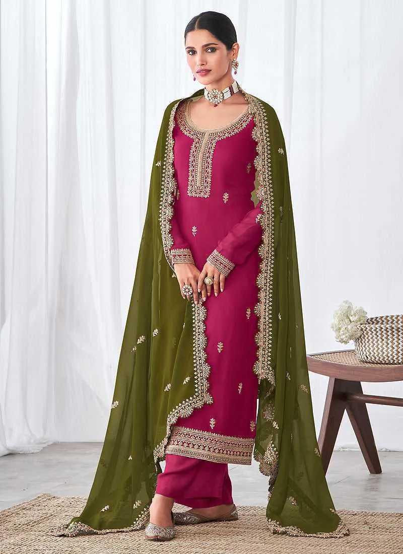 Purple and Green Embroidered Palazzo Suit
