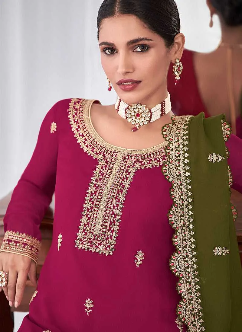 Purple and Green Embroidered Palazzo Suit