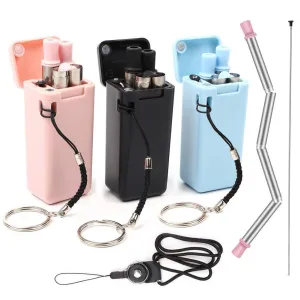 QUIENKITCH 3-Pack Collapsible Straws, Stainless Steel Reusable Foldable Drinking Straws with Hard Case, Cleaning Brush, Keychain and Neck Lanyard (Pink/Black/Blue)