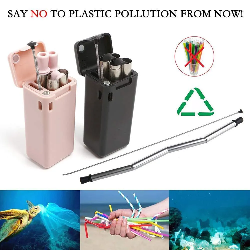 QUIENKITCH 3-Pack Collapsible Straws, Stainless Steel Reusable Foldable Drinking Straws with Hard Case, Cleaning Brush, Keychain and Neck Lanyard (Pink/Black/Blue)