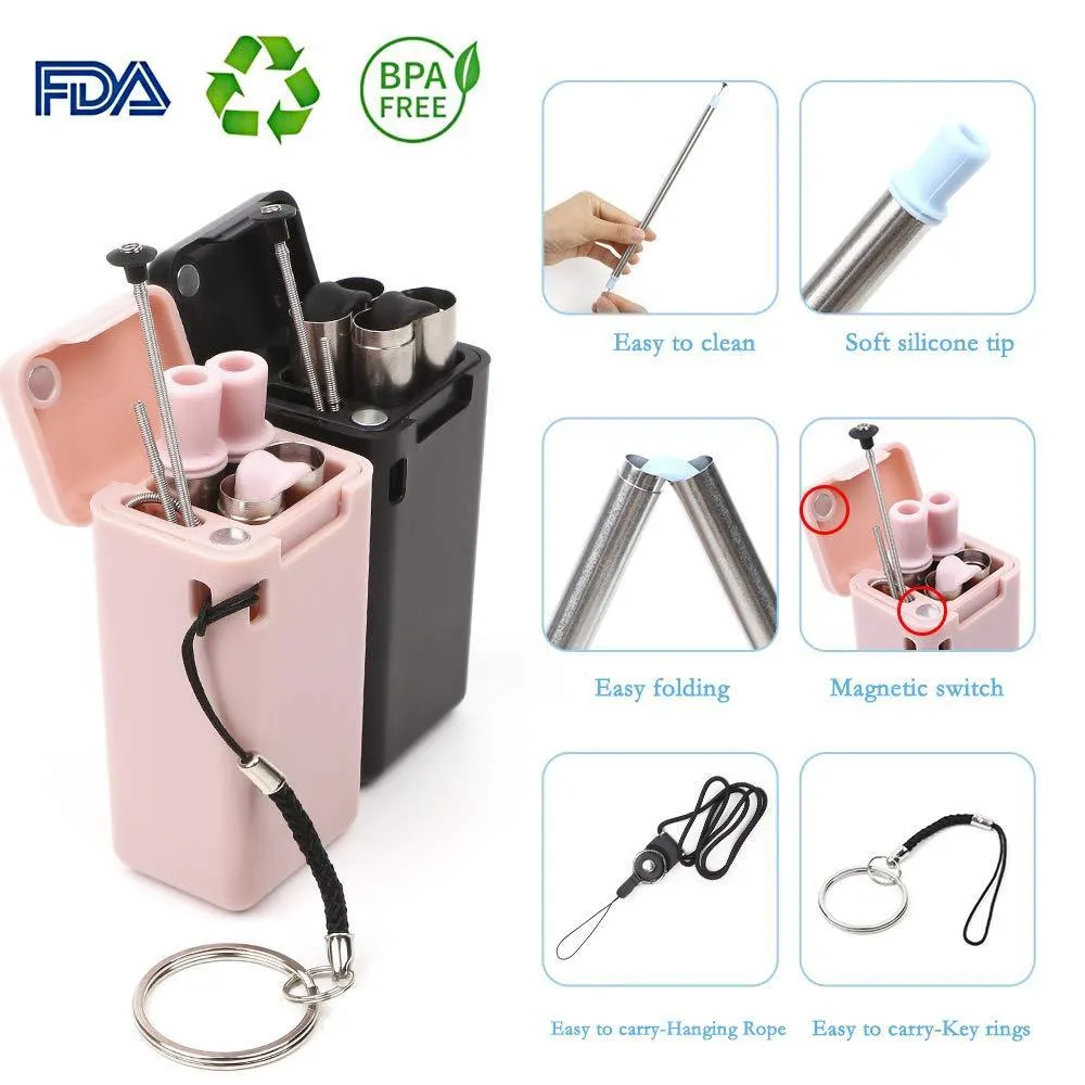 QUIENKITCH 3-Pack Collapsible Straws, Stainless Steel Reusable Foldable Drinking Straws with Hard Case, Cleaning Brush, Keychain and Neck Lanyard (Pink/Black/Blue)