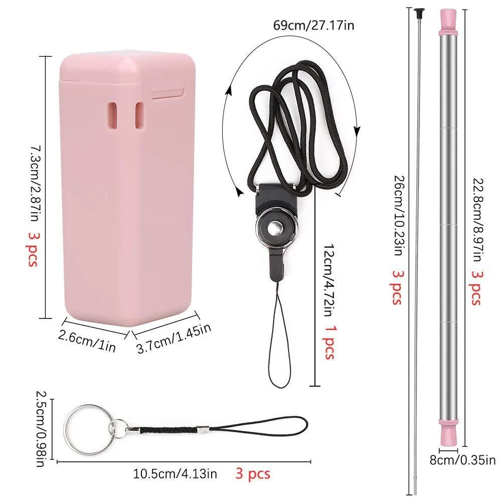 QUIENKITCH 3-Pack Collapsible Straws, Stainless Steel Reusable Foldable Drinking Straws with Hard Case, Cleaning Brush, Keychain and Neck Lanyard (Pink/Black/Blue)