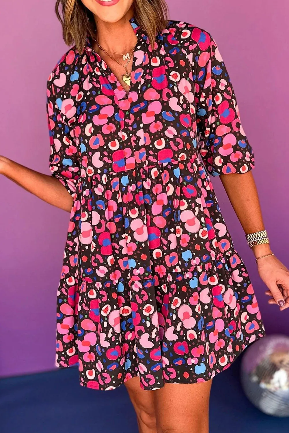 Rose Abstract Print V Neck Collared Half Sleeve Short Dress