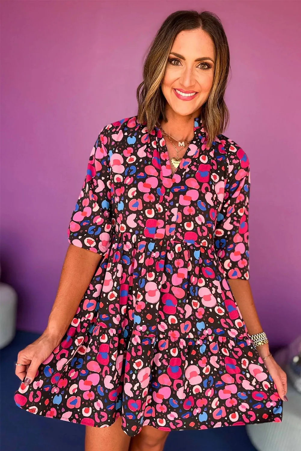 Rose Abstract Print V Neck Collared Half Sleeve Short Dress