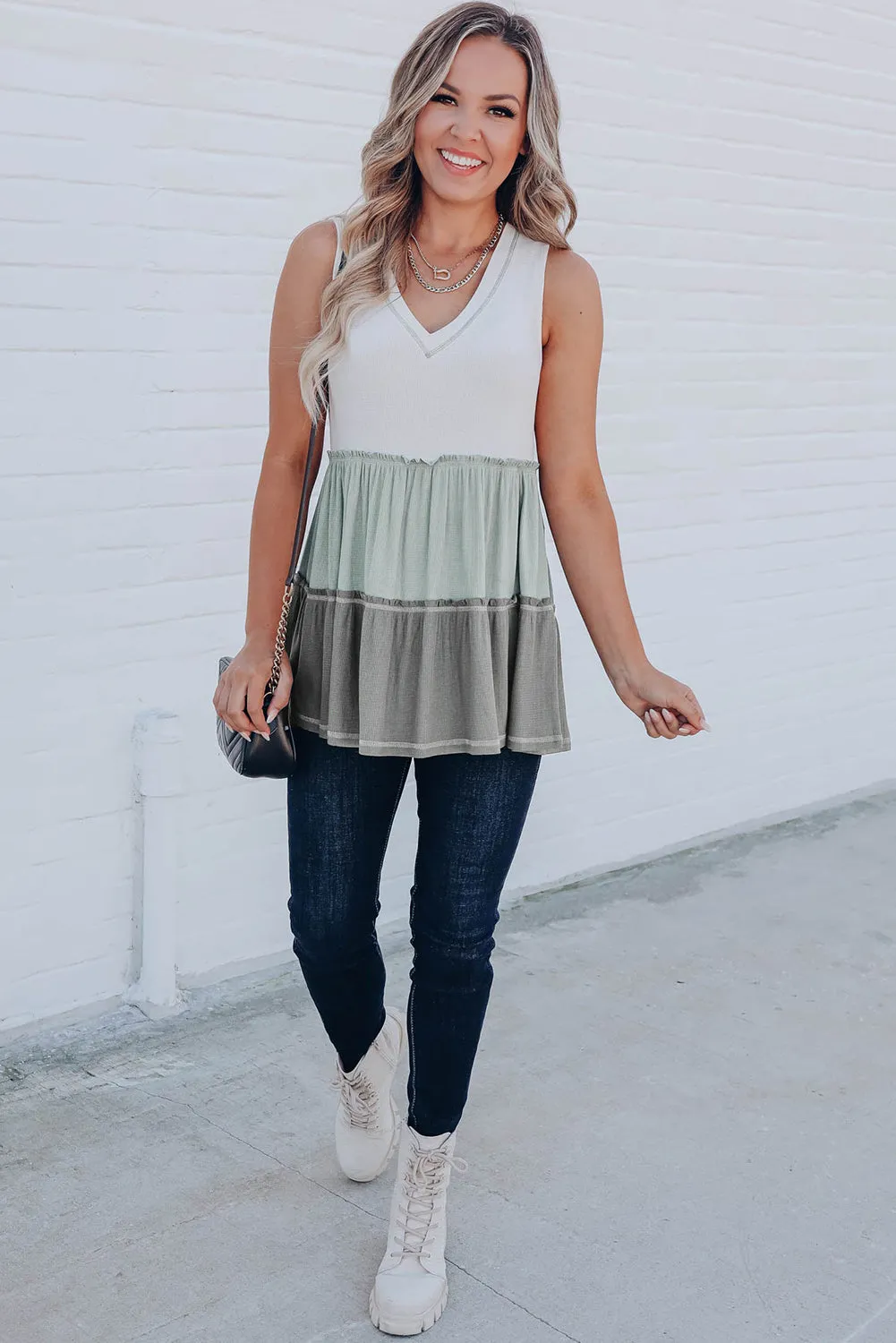 Ruffled V Neck Color Block Tank Top