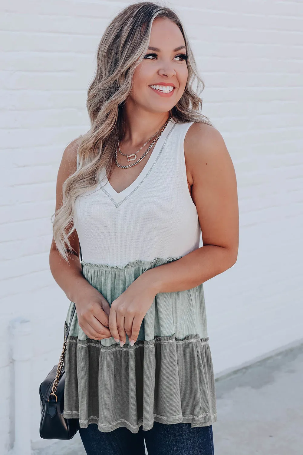 Ruffled V Neck Color Block Tank Top