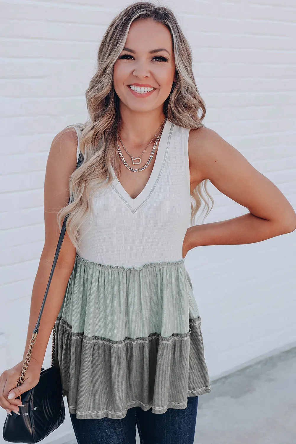 Ruffled V Neck Color Block Tank Top